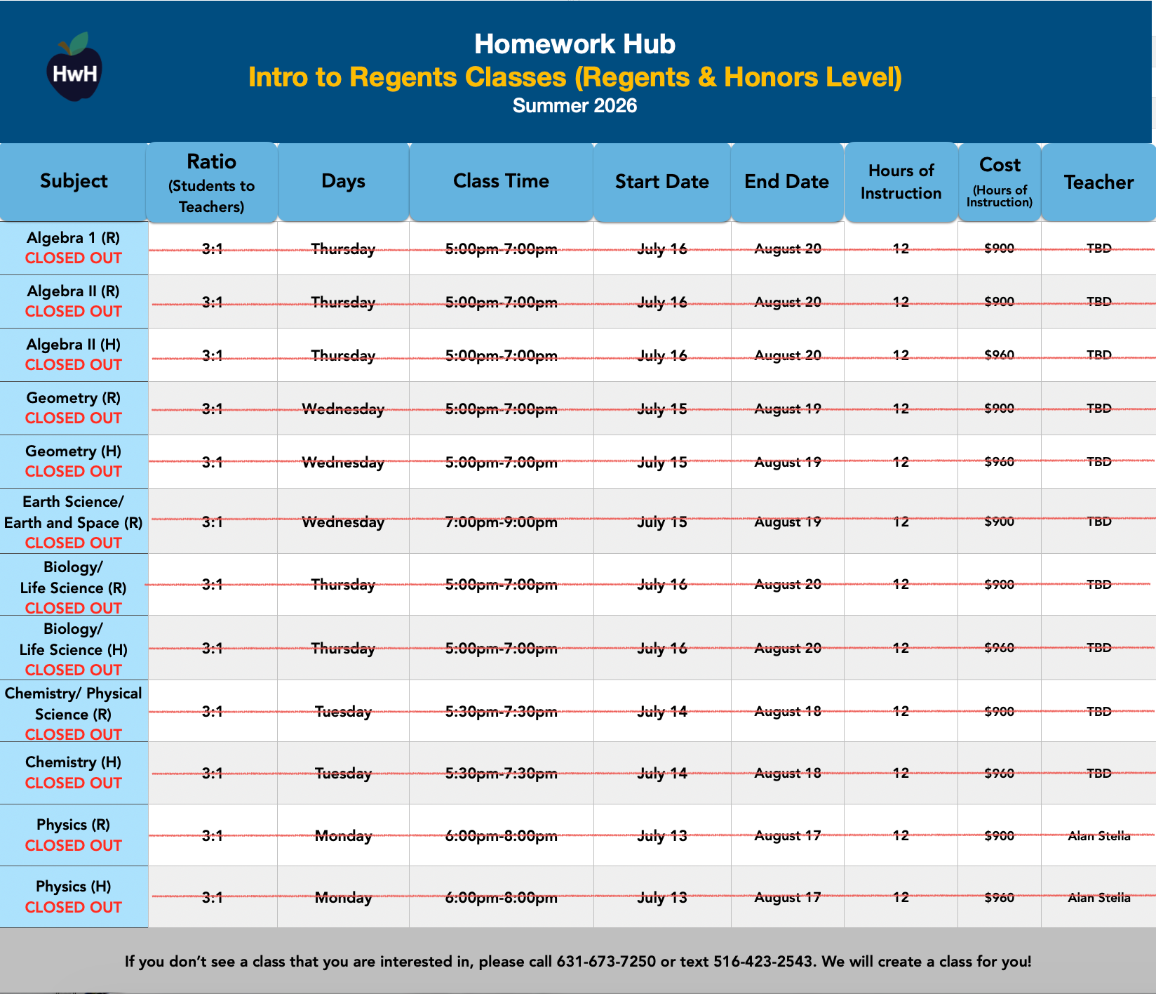 REGENTS CLASSES (grades 8-12)