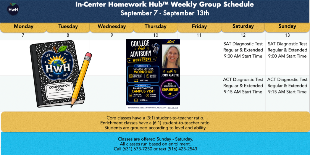 Weekly group schedule: Homework help, ACT prep, and subject tutoring sessions listed by day and time.