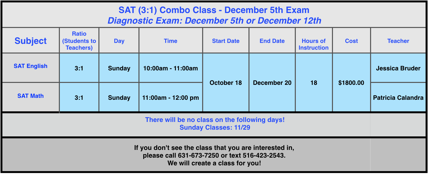 3:1 SAT FRIDAY CLASSES (NO SPECIFIC DATE)