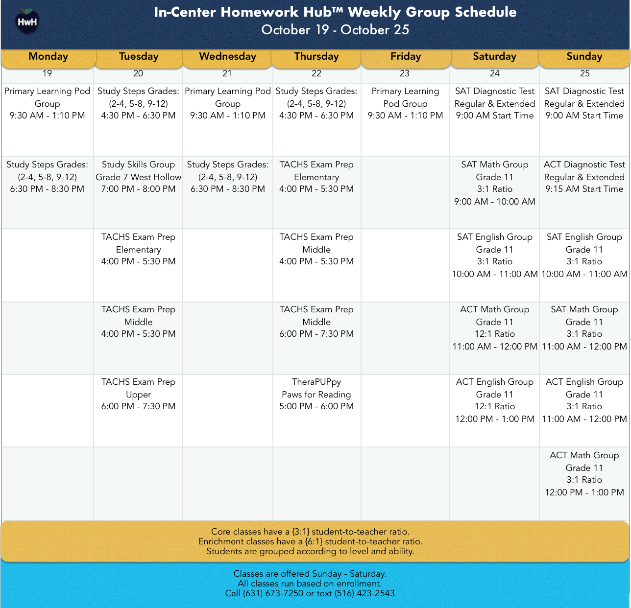 Weekly group schedule: Homework help, ACT prep, and subject tutoring sessions listed by day and time.