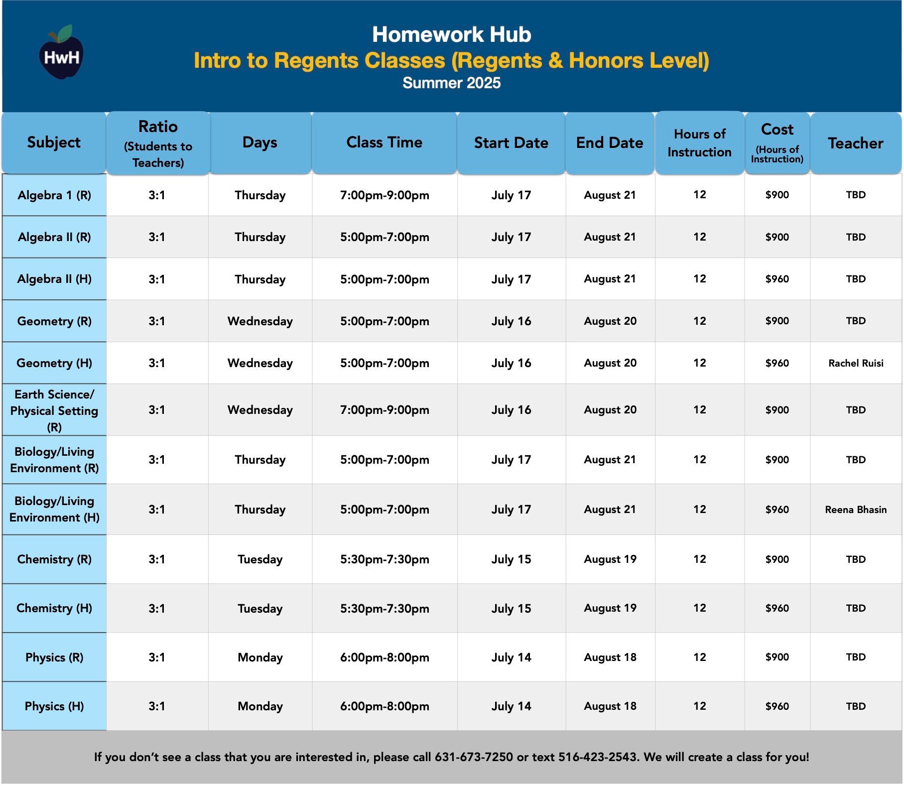 REGENTS CLASSES (grades 8-12)