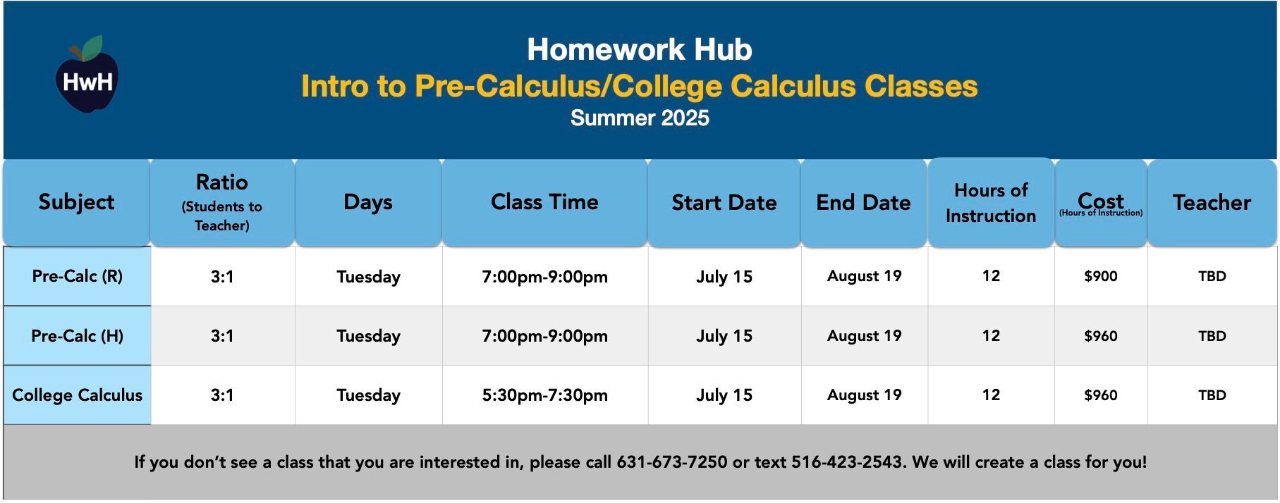 PRE-CALC, PRE-CALC HONORS & COLLEGE CALC (grades 11-12)