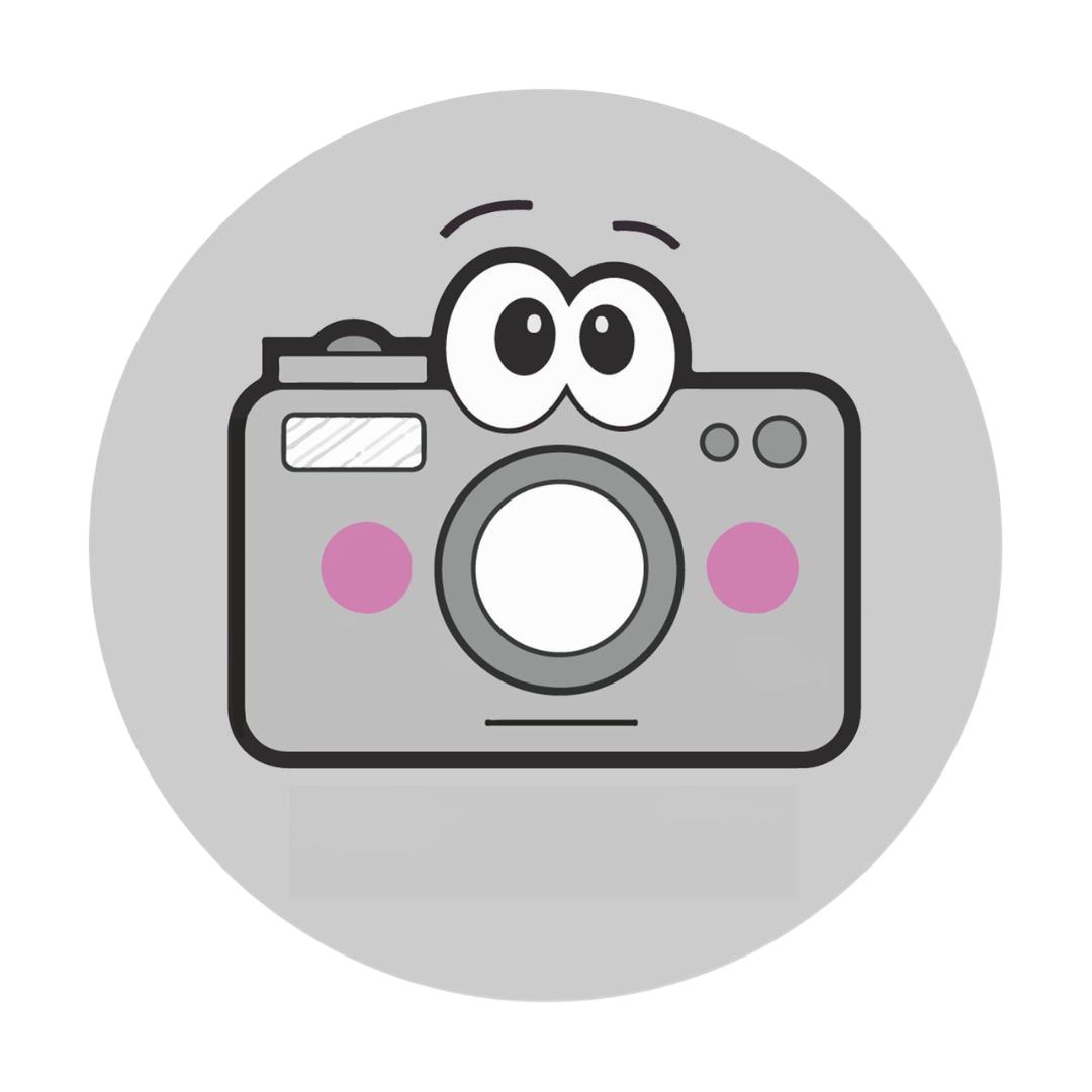Cartoon camera with big eyes and rosy cheeks within a gray circle.