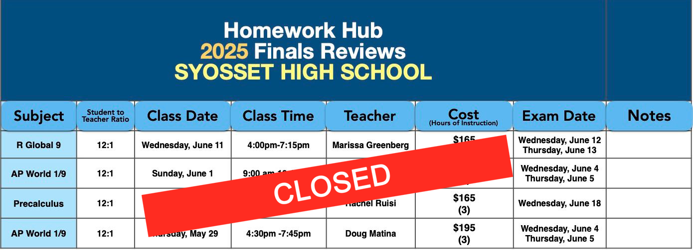 Syosset High School Final Review Classes
