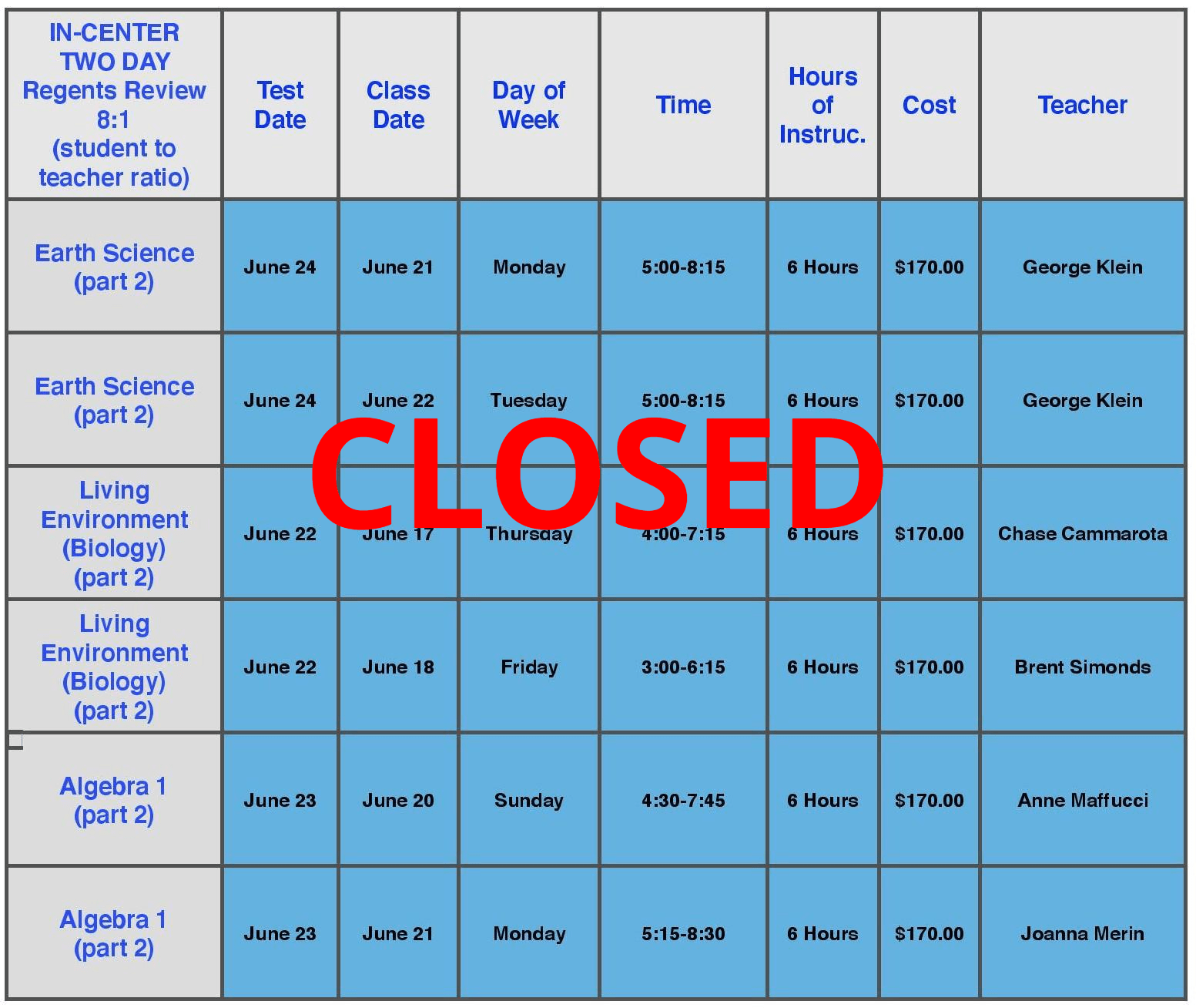 in center two day schedule