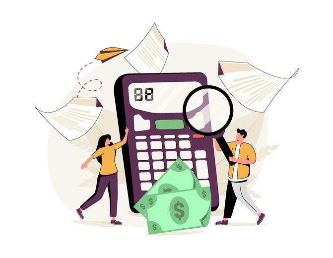 graphic of a calculator, coins, and charts