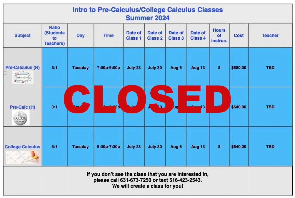 PRE-CALC, PRE-CALC HONORS & COLLEGE CALC (grades 11-12) 