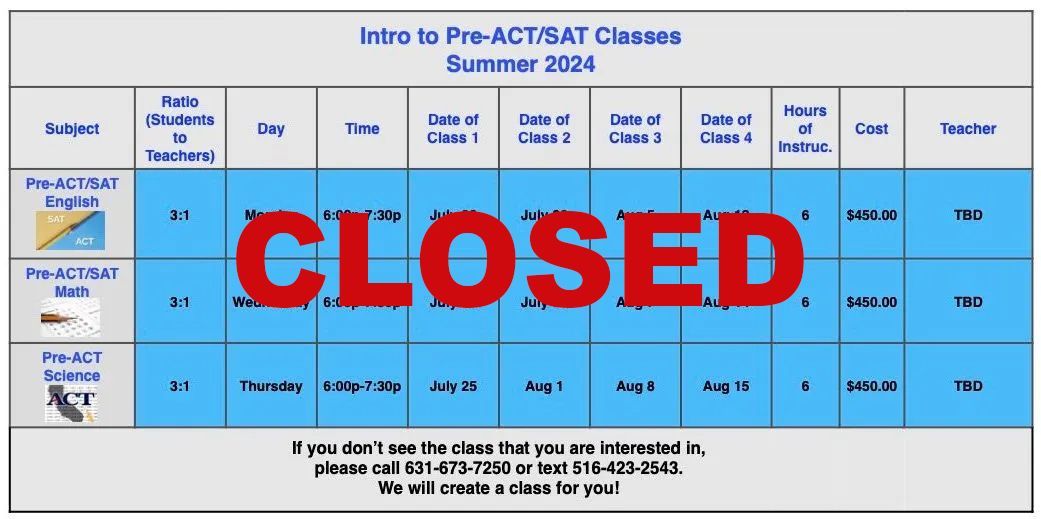 PRE-ACT/SAT CLASSES (grades 10-11) 