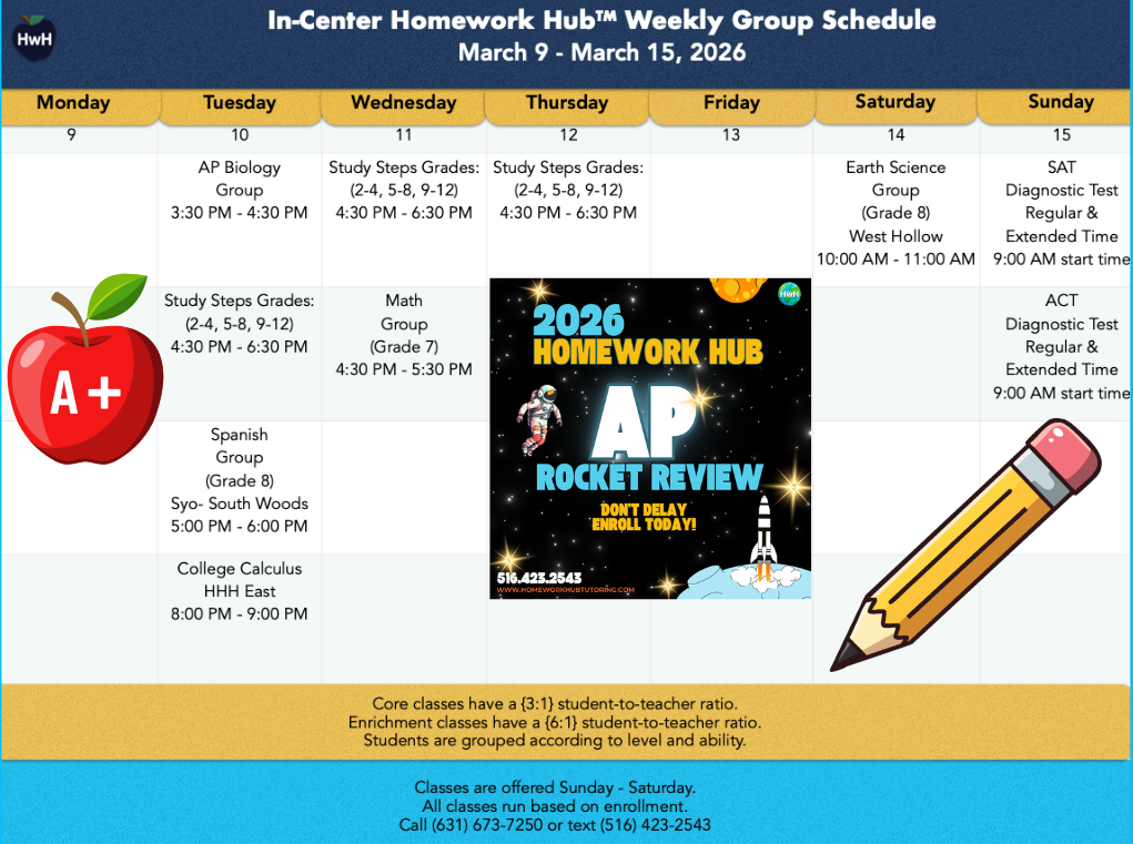 Weekly group schedule: Homework help, ACT prep, and subject tutoring sessions listed by day and time.