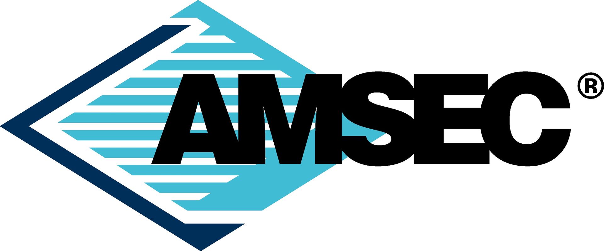 Logo for AMSEC: black text within a blue diamond, in front of a cyan diamond shape, with a darker blue border.