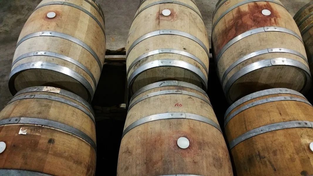 Wooden barrels stacked in rows, viewed from above, with metal bands and white spigots.