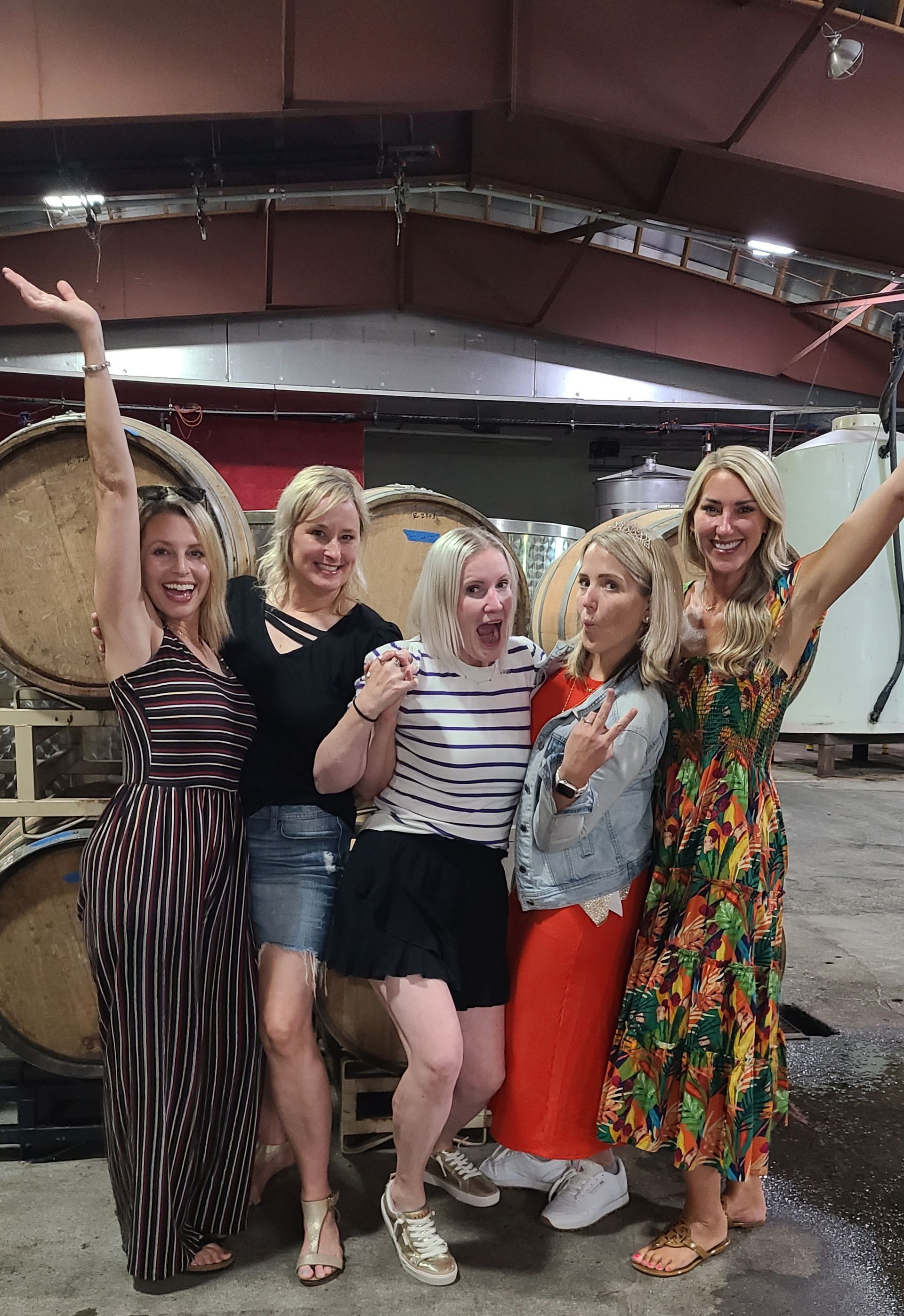 Five friends posing indoors with arms raised, smiling under a large metal roof.
