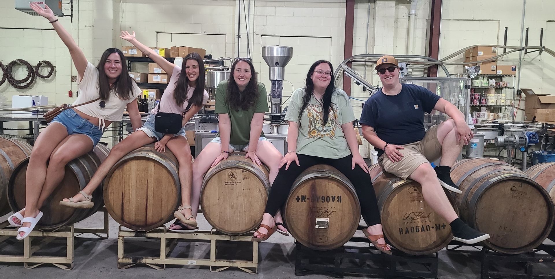 Five people sitting on wine barrels in a winery, smiling and holding glasses