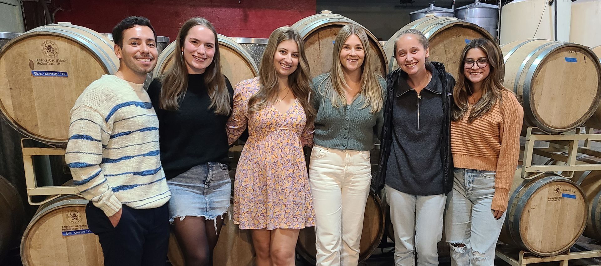 Six women posing in a winery cellar, standing in front of stacked wooden barrels, smiling at the camera.