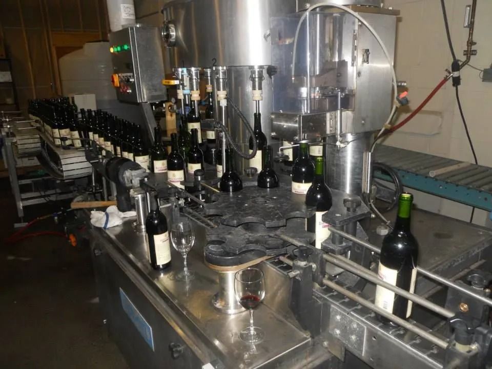 Wine bottles on an automated bottling line in a factory, with stainless steel machinery and conveyor belts