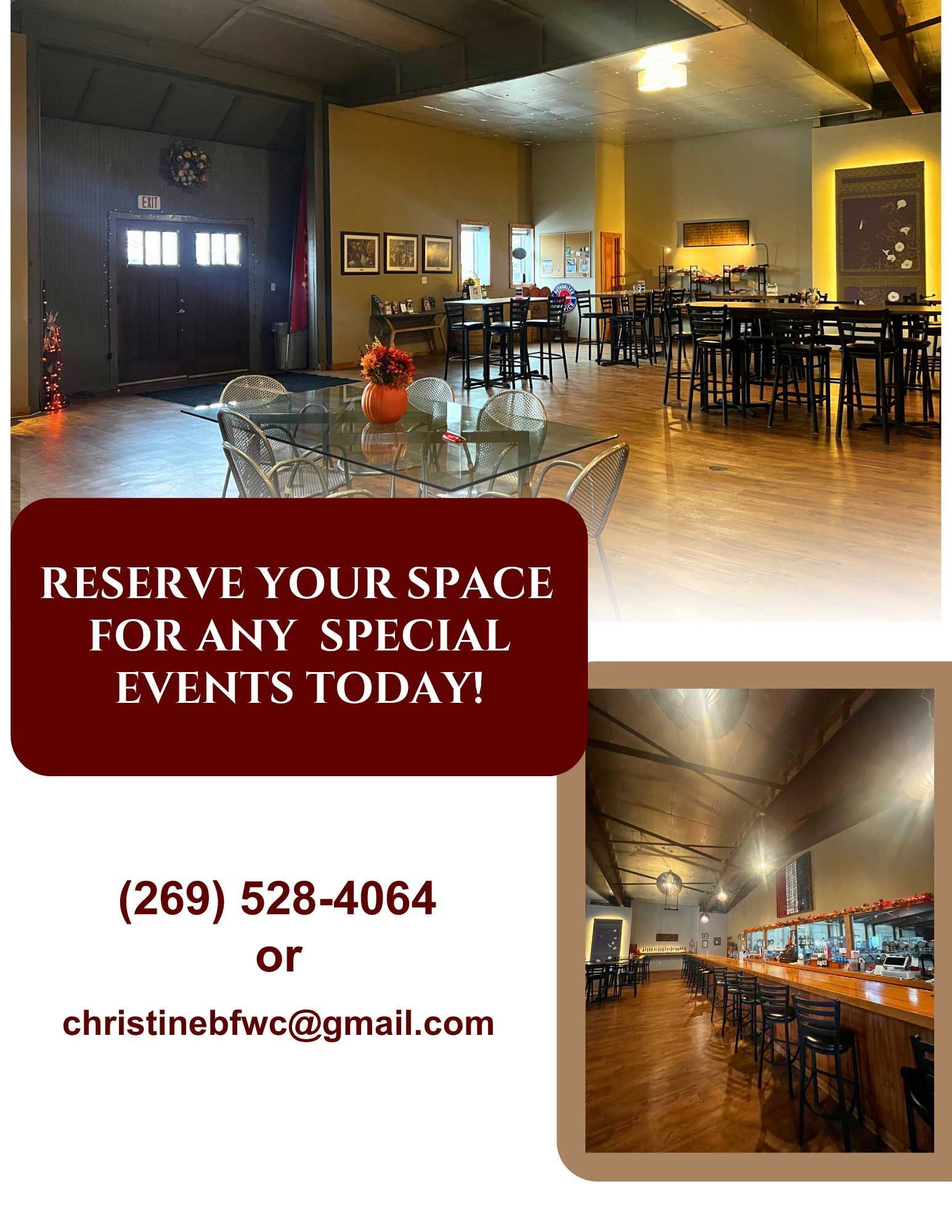Restaurant event space with tables and warm lighting; text: “Reserve your space for any special event today.”