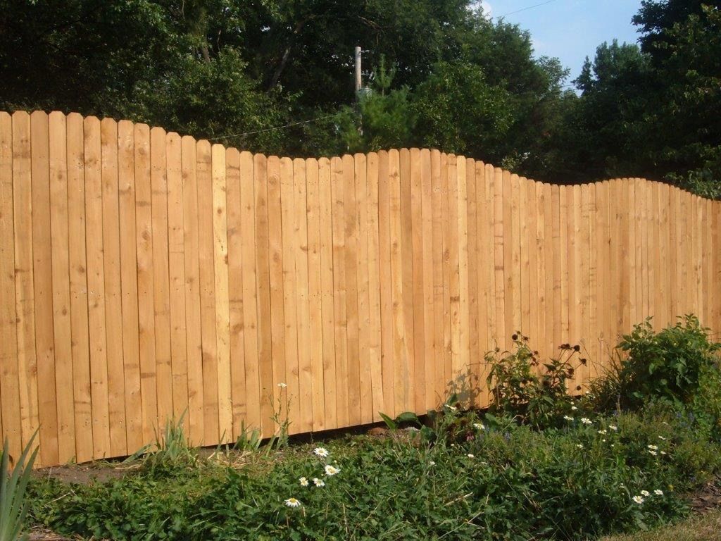 Wooden fence with scalloped top, stands in front of green trees and foliage.