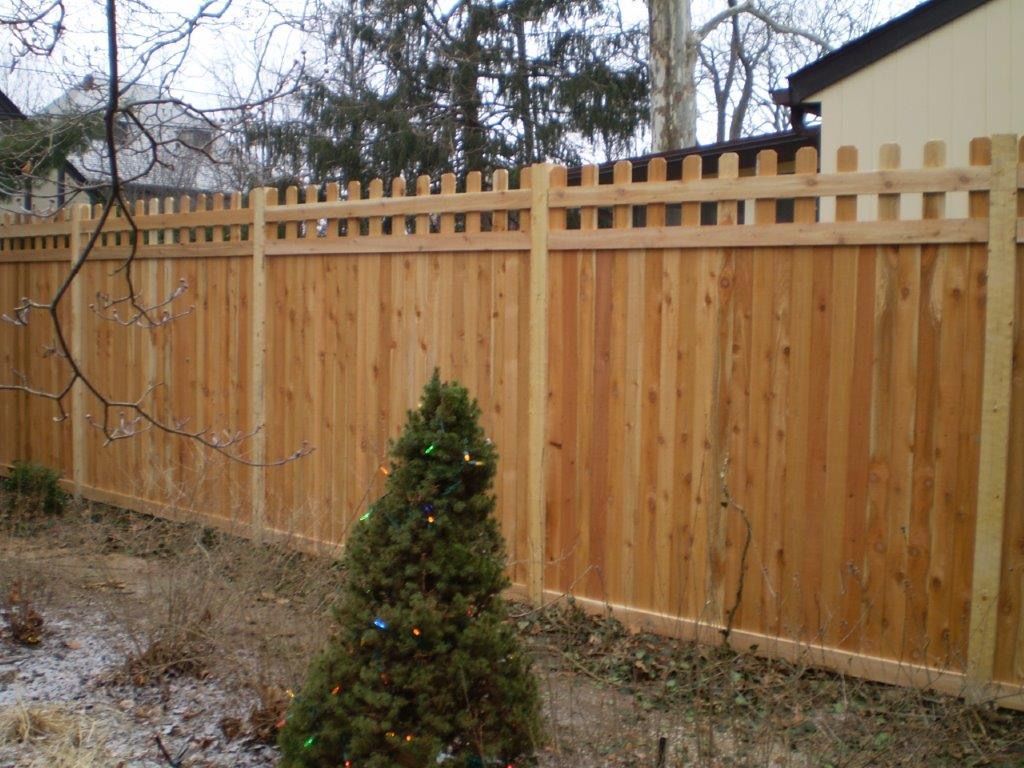 Wooden fence with decorative top and a small evergreen tree in front.