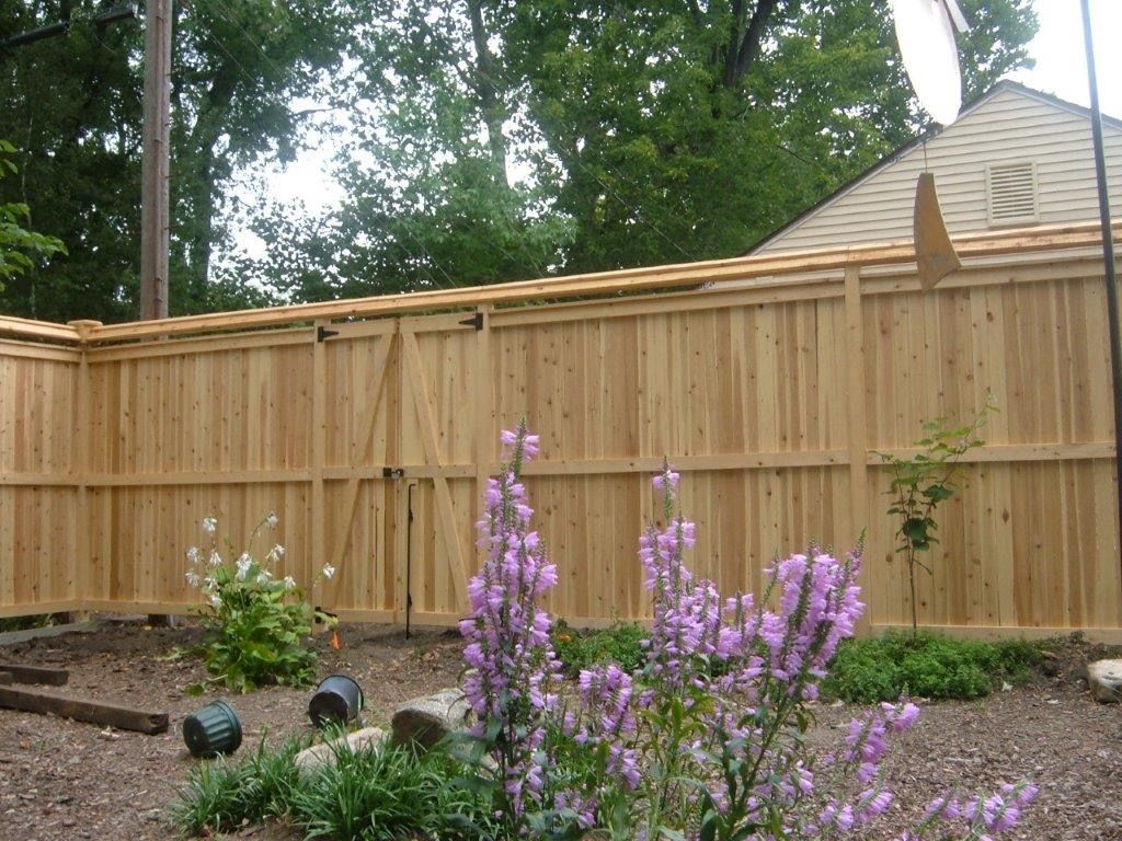 Wooden fence in a garden with purple flowers.