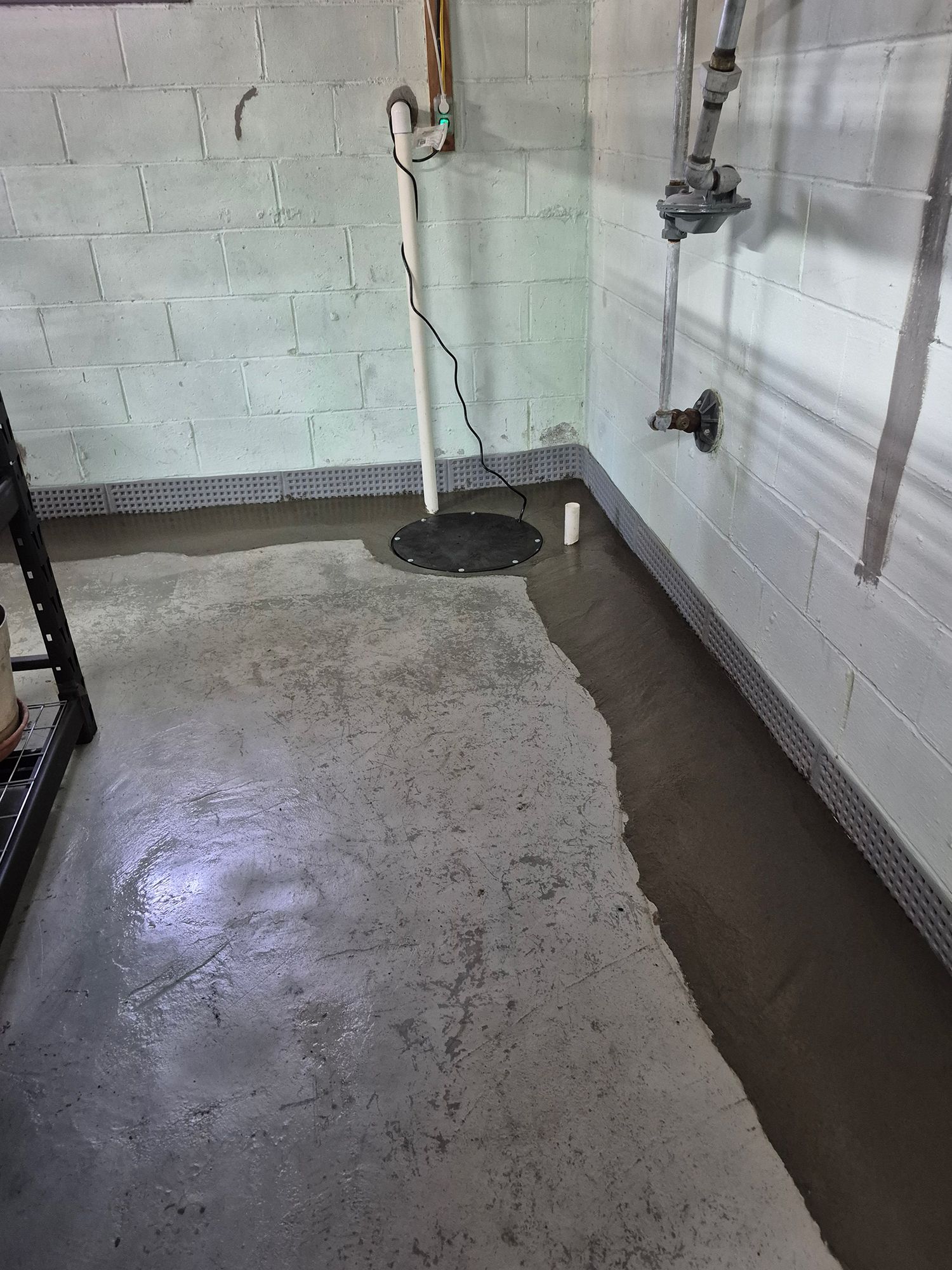Basement with a sump pump and a concrete floor with some water on it.