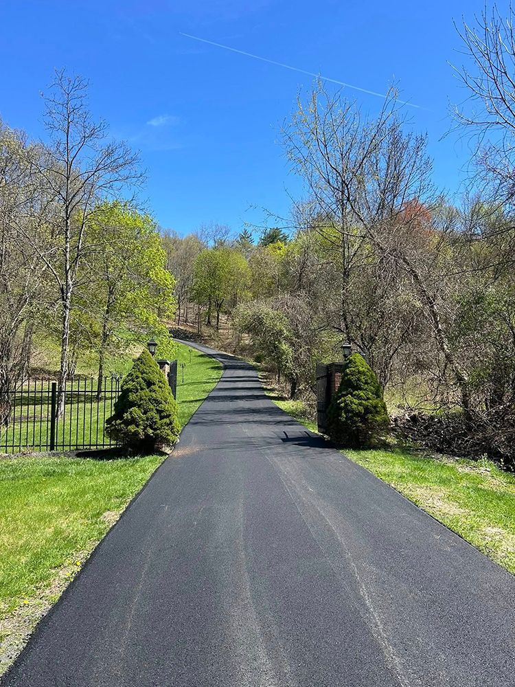 Paved driveway ascends through trees towards a blue sky. Green shrubs flank the entrance.