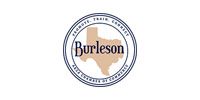 Burleson city seal with circular navy border and beige Texas silhouette