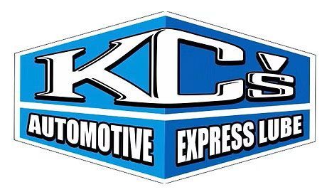 KC's Automotive Express Lube logo in blue, white, and black with shield-shaped design