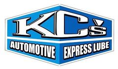 KC's Automotive Express Lube logo in blue, white, and black with shield-shaped design