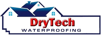 The logo for drytech waterproofing shows a house with two roofs.