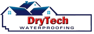 The logo for drytech waterproofing shows a house with two roofs.