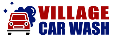 A logo for village car wash with a red car on it