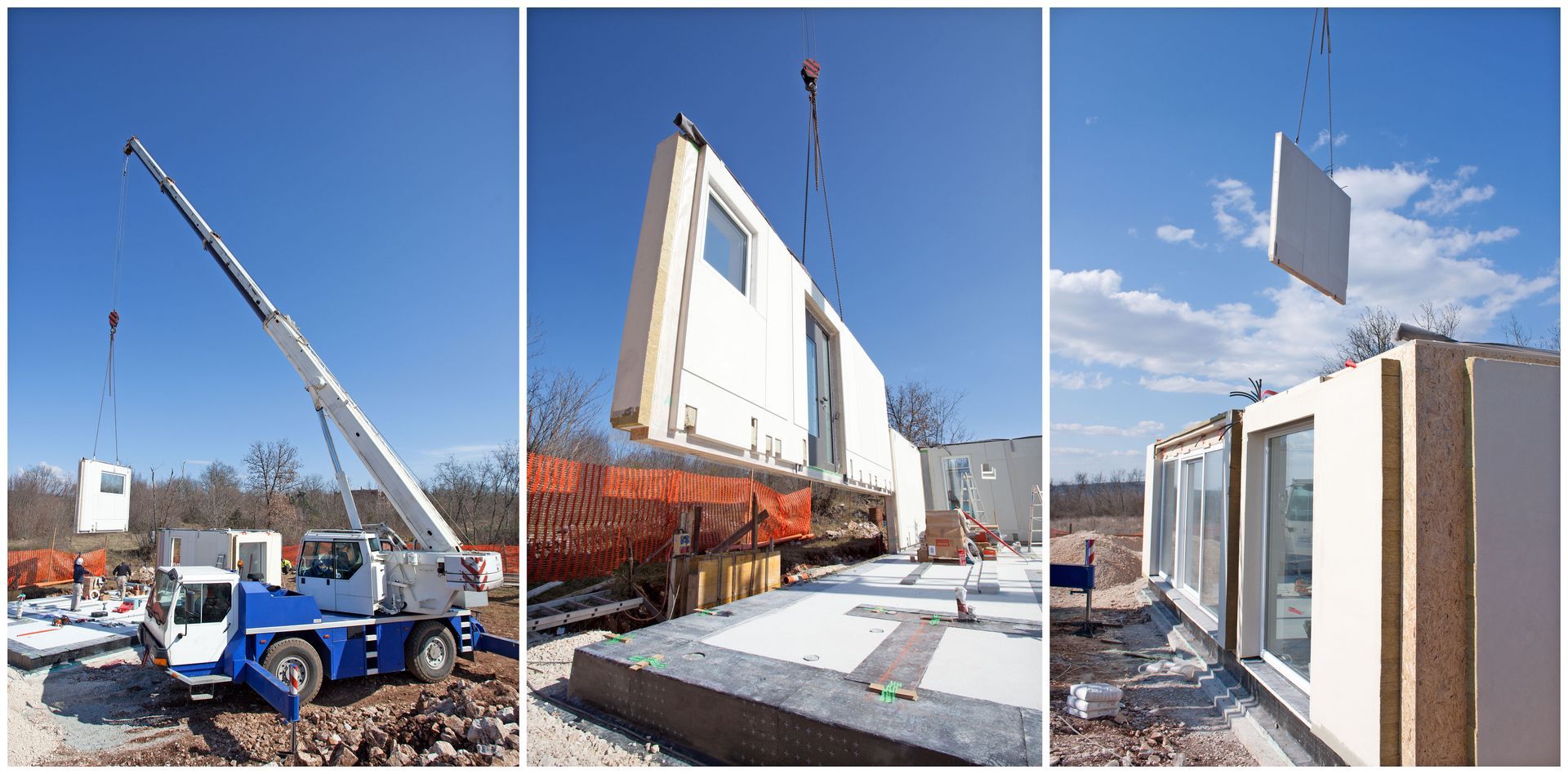 A crane lifts pre-fabricated wall panels to assemble a modern home structure on a sunny construction site.