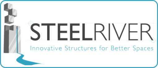 The SteelRiver logo featuring gray building blocks and a blue river graphic, with the text "Innovative Structures".