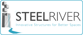 The SteelRiver logo featuring gray building blocks and a blue river graphic, with the text "Innovative Structures".
