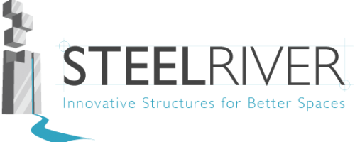 Steel River logo: a stylized metallic tower topped with blocks, with a blue river graphic and the company tagline below.