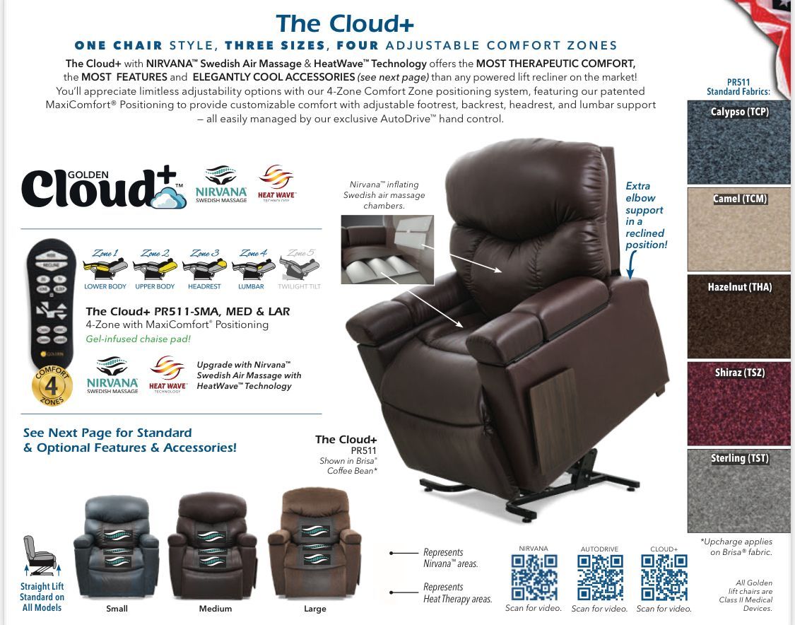 Cloud+ recliner chair advertisement with various colors, sizes, and features. Includes a remote, model photos, and QR codes.