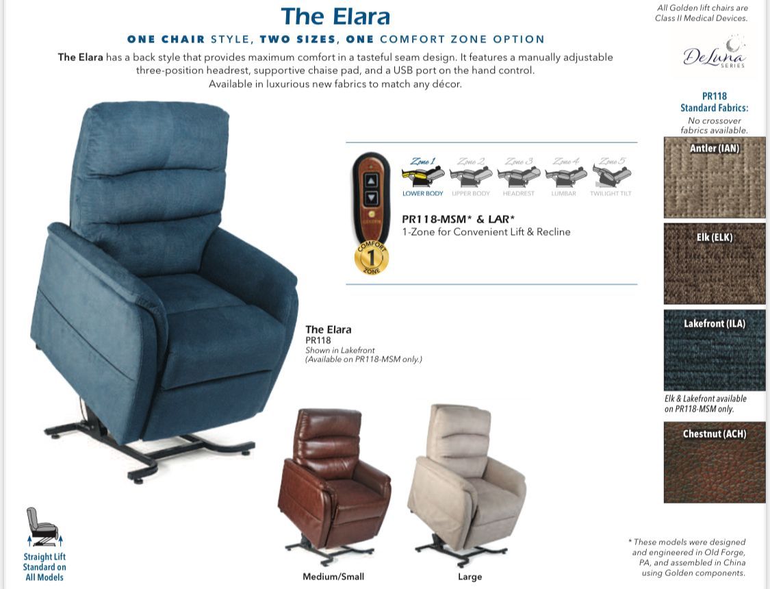 The Elara lift chair in blue, brown, and beige. Includes fabric swatches, remote, and recliner options.