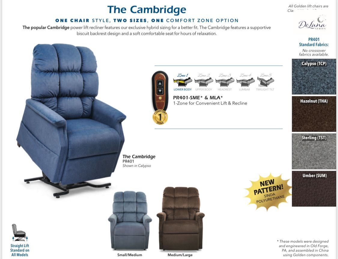 Blue Cambridge lift chair with remote, color swatches on right.