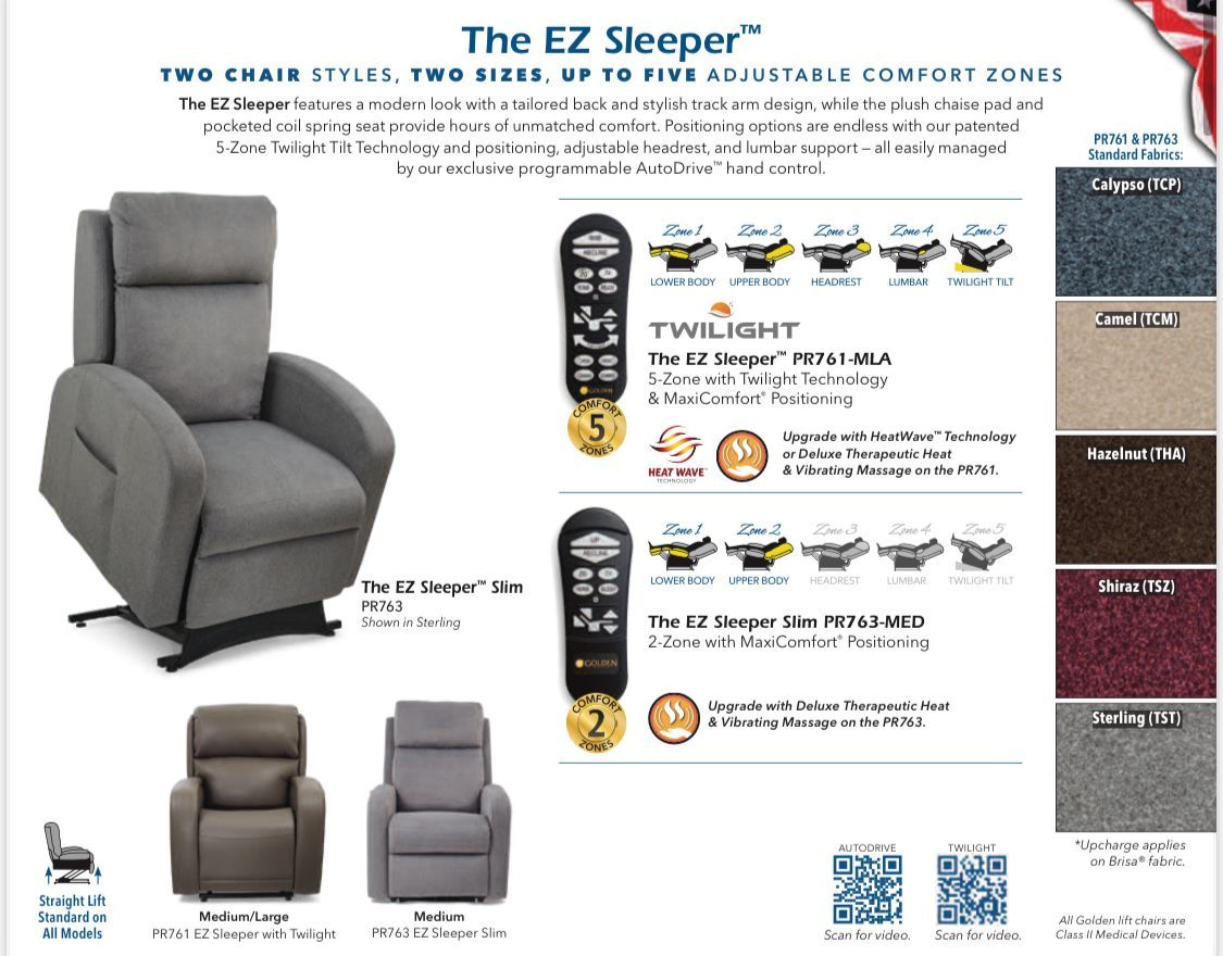 The EZ Sleeper recliner ad. Chair in gray. Features include Twilight and EZ Sleeper recliners and fabric colors.