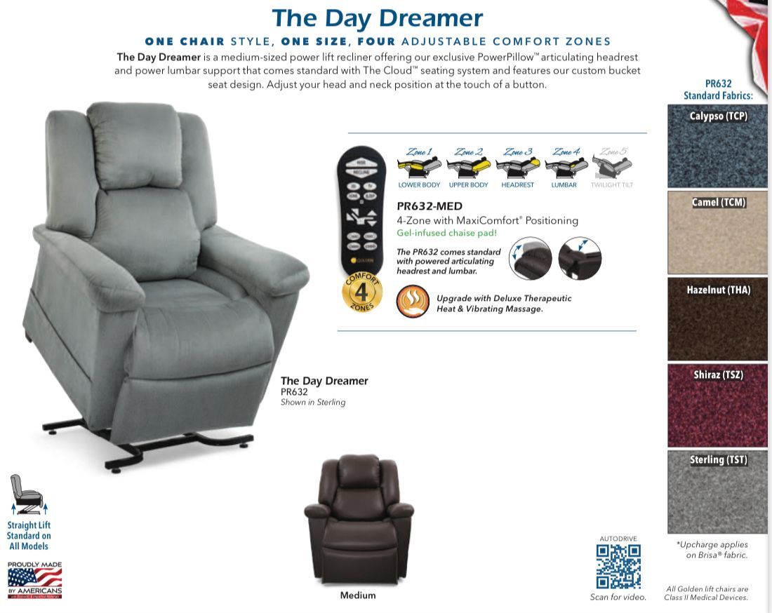 Grey Day Dreamer lift chair with remote, color options, and small brown chair.
