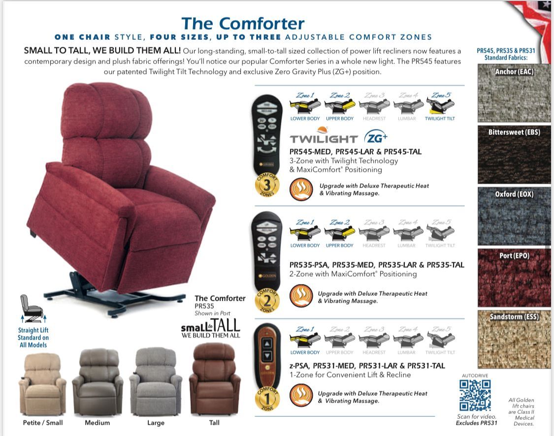 Lift chair advertisement: maroon lift chair, various fabric samples and remote control options.