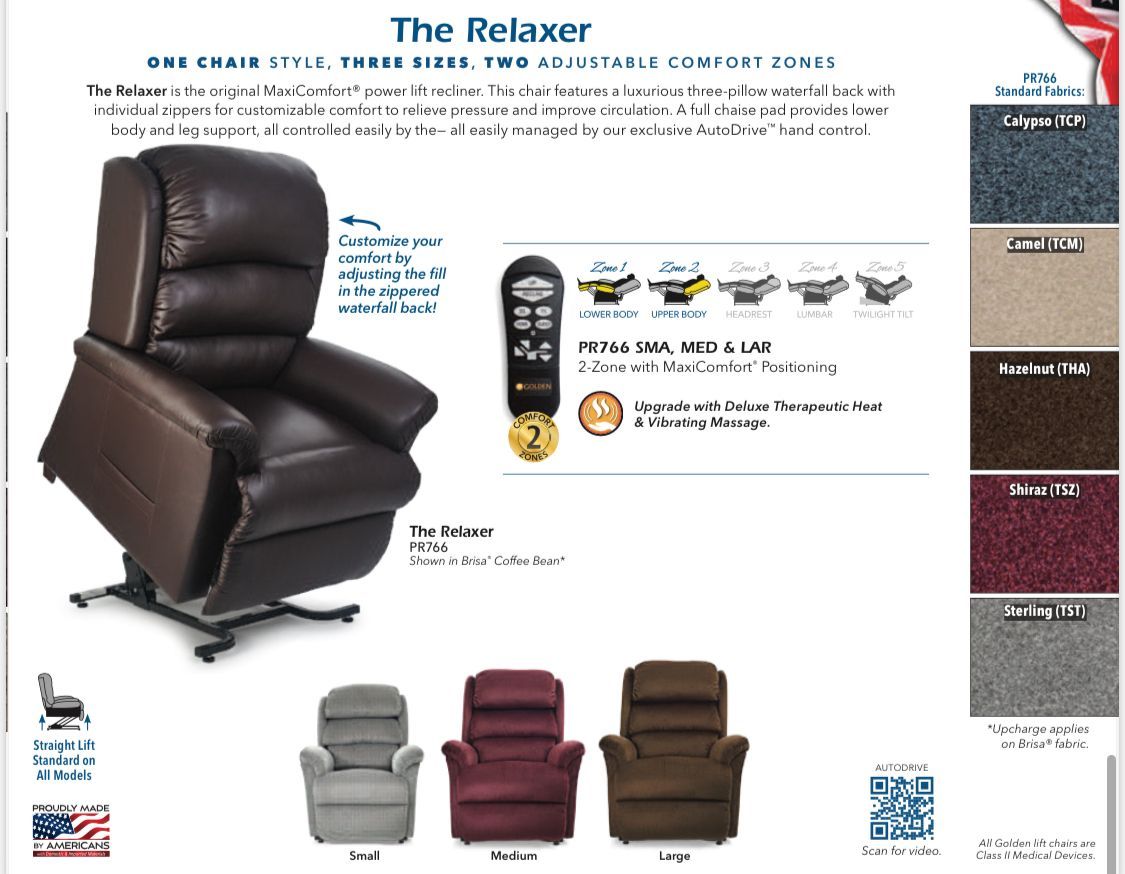Brown power lift recliner with remote, fabric swatches.