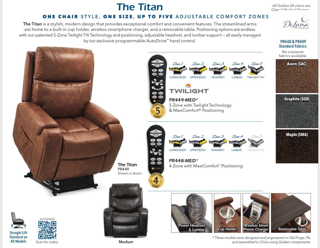 Brown recliner chair with remote control options and fabric swatches.