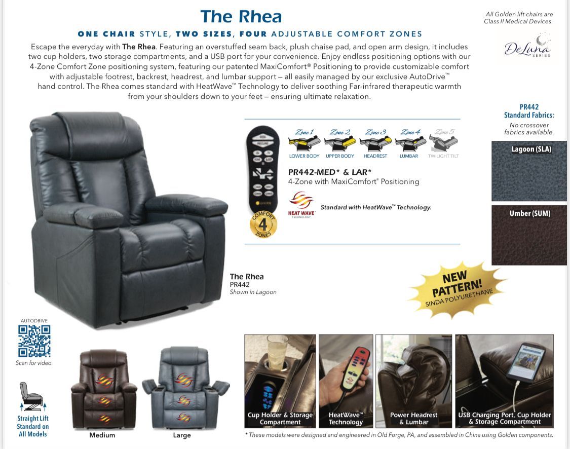 Black leather recliner with remote control, fabric swatches.  Includes storage, USB port, and footrest.