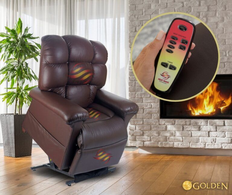 Brown lift chair with heat function, remote in hand, next to fireplace.