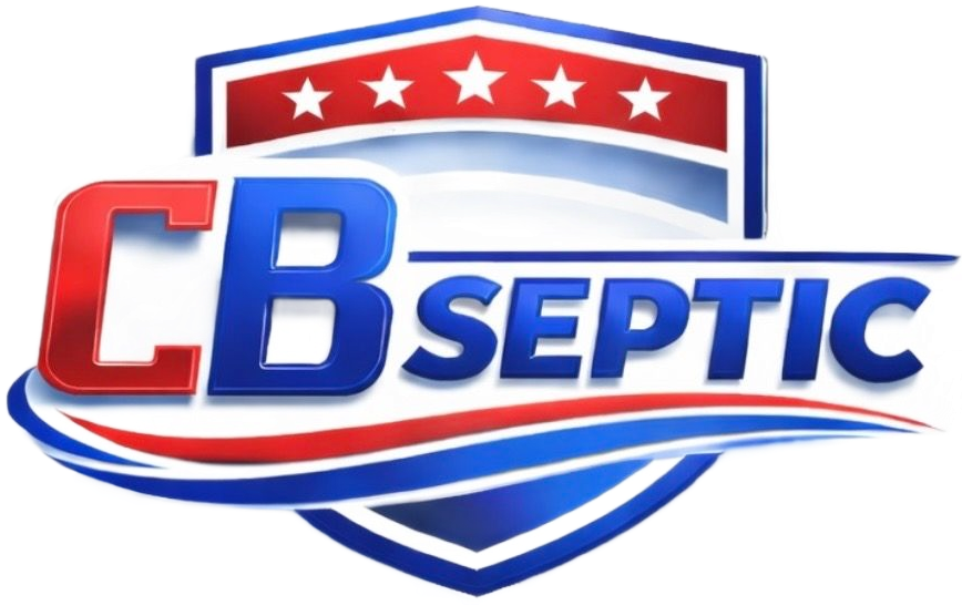 CB Septic logo in red, white, and blue with shield, stars, and swoosh accents