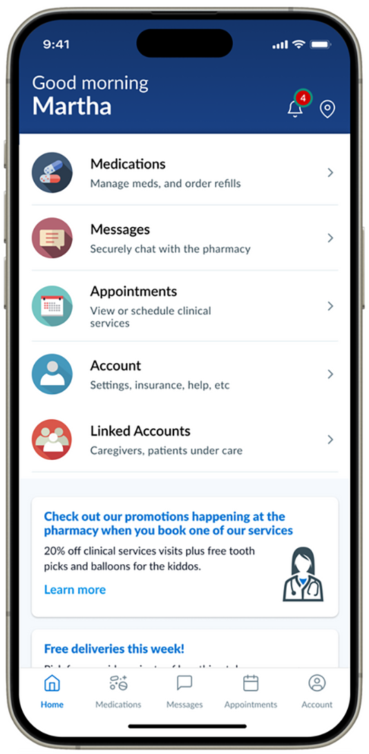 Blue mobile app home screen greeting Martha with health dashboard tiles and a bottom navigation bar.