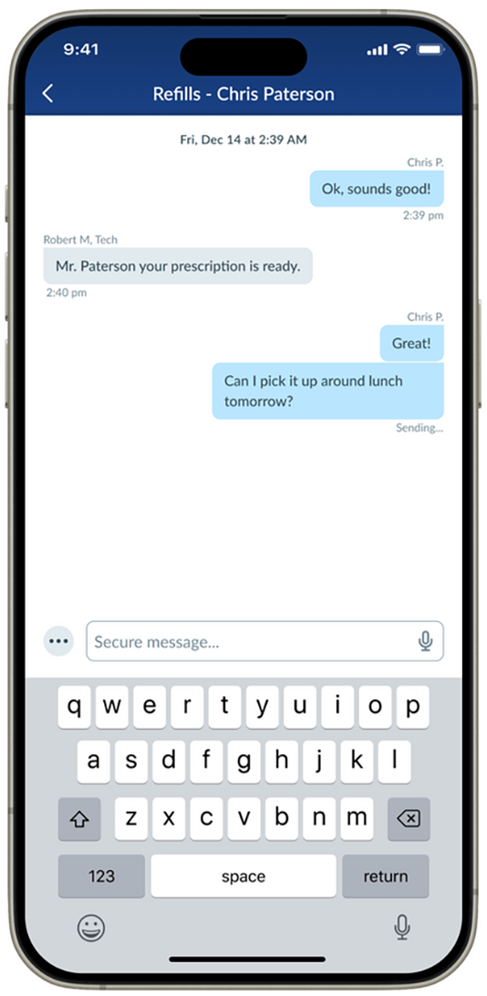 IPhone messaging screen with a chat thread and the keyboard open