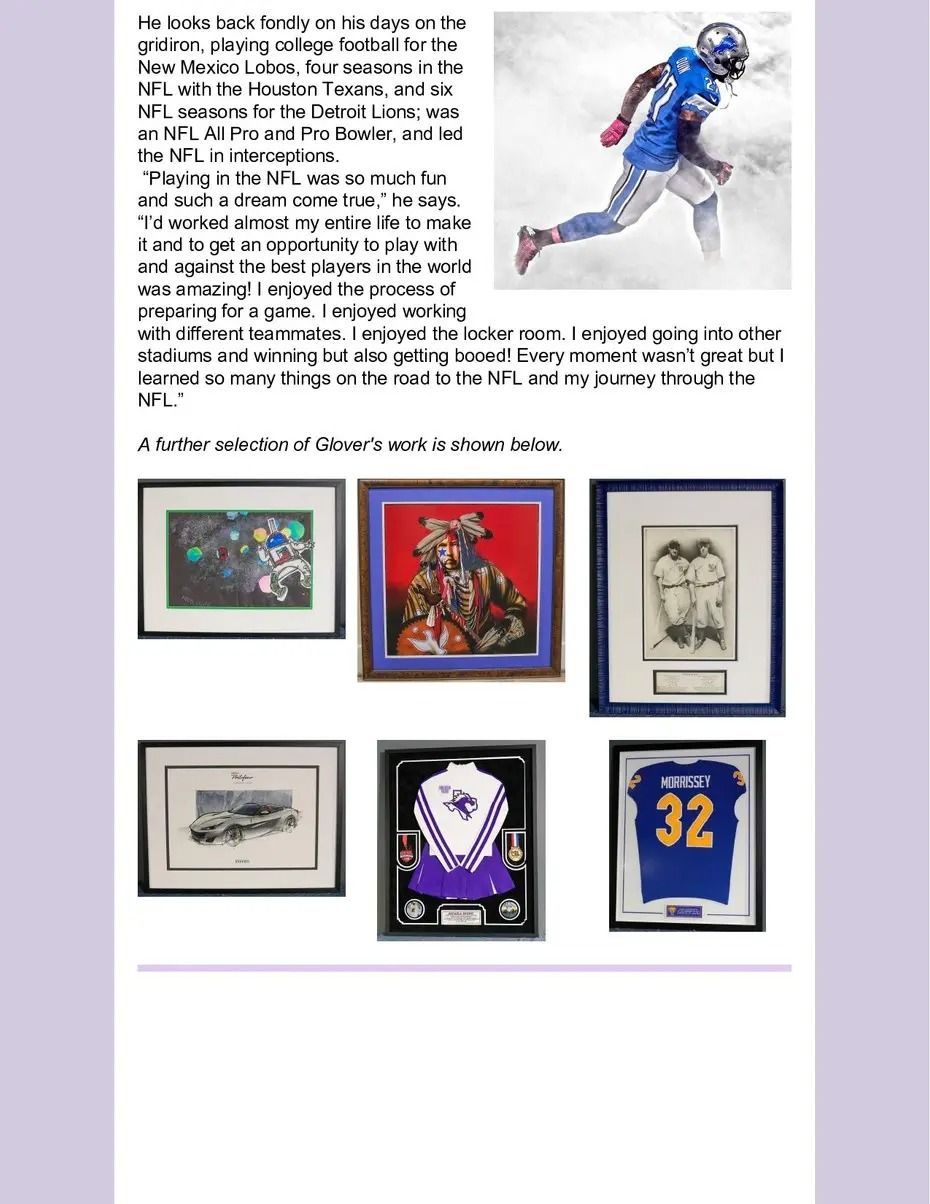 Collage of framed sports memorabilia and a blue-clad football player in action, with text above and below