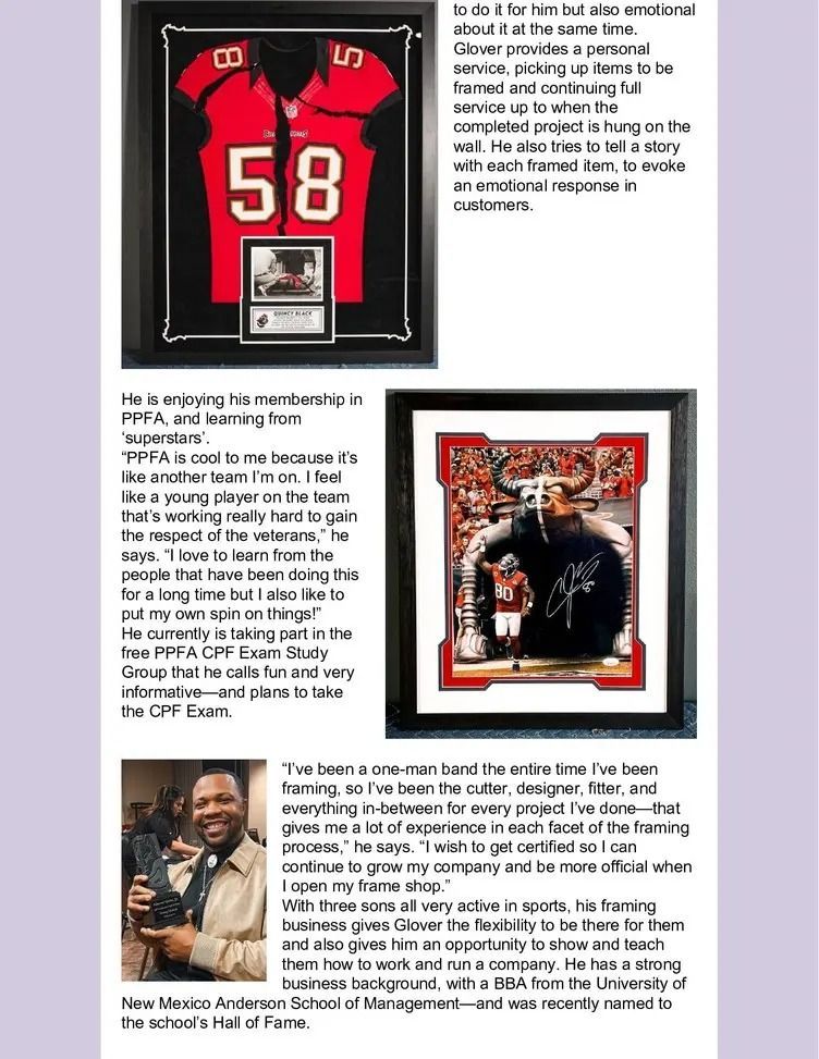 Sports memorabilia collage with framed red football jersey, signed display, and a player photo with text blocks